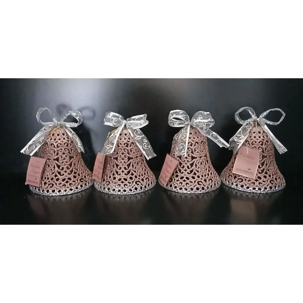 Holiday Hanging Bell Ornament Decorations Set of 4 Plastic Rose Gold/Glitter 6